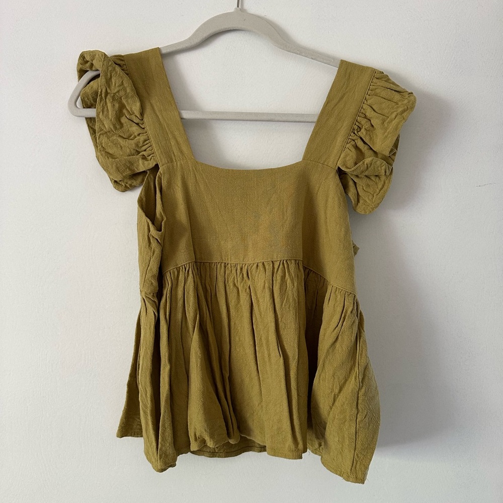 Linen Mustard Ruffle Sleeve Tank Top Blouse